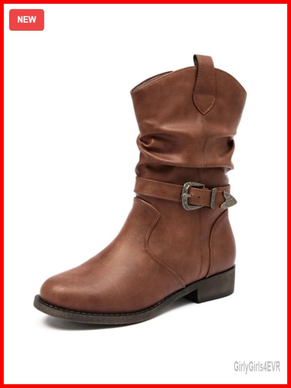 Women's Mid-Calf Cowboy Boots Low Heel Faux Leather Zip